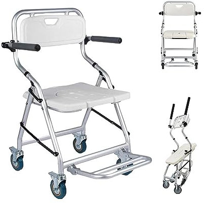 Faltbarer Toilettenstuhl mit feststellbaren Rollen und Pedal, abnehmbarer Eimer, 3-in-1-Duschstuhl und Toilettenstuhl mit Rädern für Badezimmer
