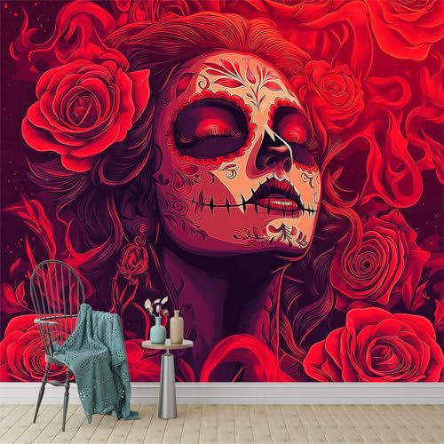 Fototapete Wandbild 3D Fototapete Gothische Frau mit Blüten Vliestapete Wandtapete Foto für Design der Fernseh Hintergrund Rot Fototapete 400 x 280 cm