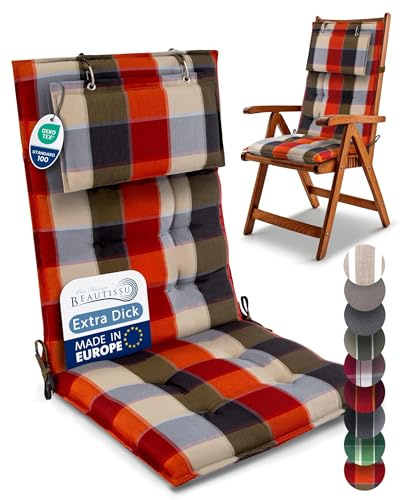 Beautissu Premium Hochlehner Auflage mit Kopfpolster Gartenstuhlauflage | 120x50cm 8cm Dick Orange Beige kariert Gartenstuhlauflage UV-Lichtechtheit 5 Robust Polster Befestigungsbänder Sun-HL