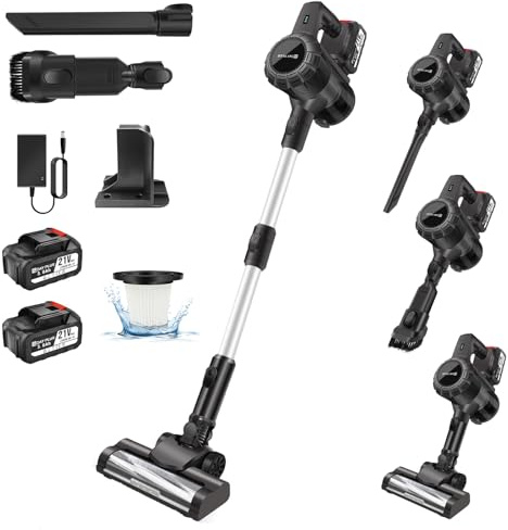 Cordless Stick Vacuum Cleaner,15000PA Cordless Vacuum Cleaner 6 in 1,Handheld Stick Vacuum with LED Light +1 HEPA Filters + 2x3000mAh Rechargeable Battery,Pet,Crevice & Multi-Surface Tools, grey