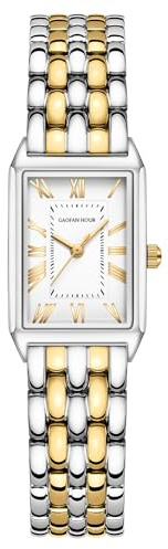 GAOFAN HOUR Gold Watches for Women with Vintage Rectangular Case,White Roman Dial,Stainless Steel Band,Adjustment Tool Included,Water Resistant(Two-Tone)
