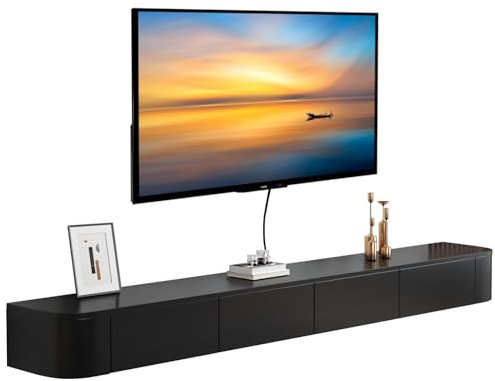 MWIDCIEW Vormontiert TV Lowboard Hängend Schwarz, 120-300cm Moderner TV Schrank Hängend, TV Sideboard Wohnzimmer mit Schubladen, 240cm