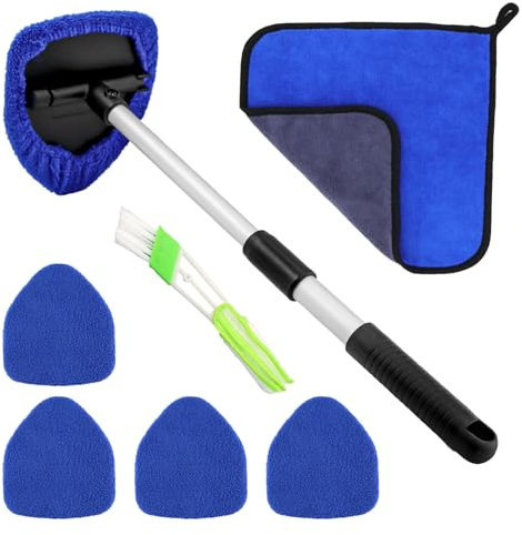 alwaiiz Detergente per parabrezza, con 5 cuscinetti in microfibra, spazzola e asciugamano, estraibile per parabrezza dell'auto, girevole a 180 gradi, blu