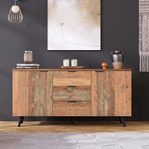 Merax Sideboard Storage Cabinet, with 2 Doors and 3 Drawers, Adjustable Shelves, rustic Sideboards Cupboard Buffet TV Cabinet, for Living Room, Kitchen, Hallway, 140 x 35 x 70 cm, Vintage Brown