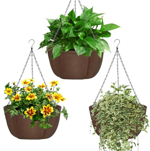 BlyeMichdi 3 st hängande metallkorg med Coco-foder, 30 cm rund hängande växtkruka trädgårdskorg, vägghängare, vägghängande korgar utomhus balkong uteplats växt blomdekoration
