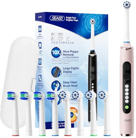 Seago Brosse à dents électrique rotative rechargeable, brosse à dent électrique avec étui voyage, 8 têtes pour familial, 5 modes, minuterie 2 min, étanche IPX7, SG2607, Rose