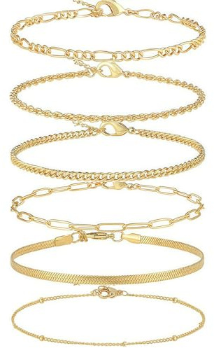 Syylqyr 6 PCS Gold Anklets for Women, Anklets for Women Gold, Women's Anklet Adjustable Ankle Bracelets Set (20cm+5CM) for Womens and Girls, Ankle Dainty Beach Foot Chain