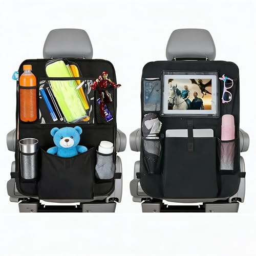 Car storage bag 2PCS, universal seat back storage bag, child rear seat protector 10-inch tablet holder, rear seat with 5 storage pockets for bottles, toys, books, water bottles, umbrellas, drinks