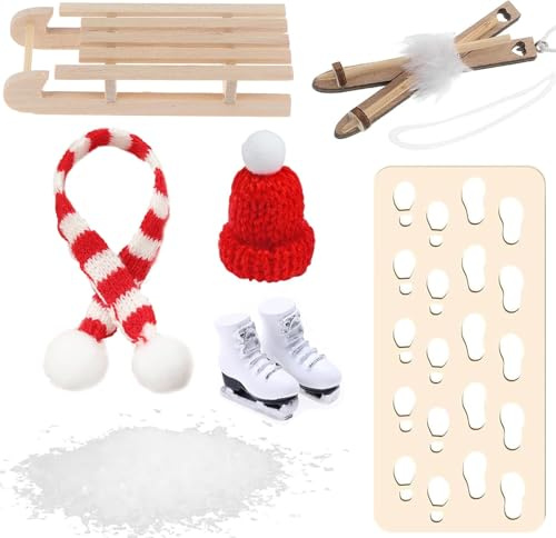 Wichtel Schlitten Set,Wichtel Zubehör,Wichteltür Zubehör Weihnachten,Mini Kleidung Weihnachts,Ski Schlitten Schlittschuhe Mütze Schals Handschuhe,Holzschlitten zum Basteln Weihnachten