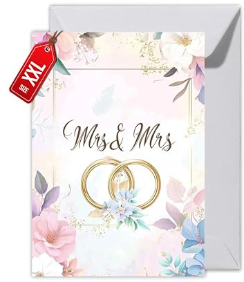 WBdesignz Queer Hochzeit Karte mit Umschlag Glückwunschkarte zur Trauung für Frauen Floral Blumen Gold Ringe Brautpaar Gay Liebe Verlobung Hochzeitskarte LGBTQ+ (XXL DIN A4, Mr & Mrs)