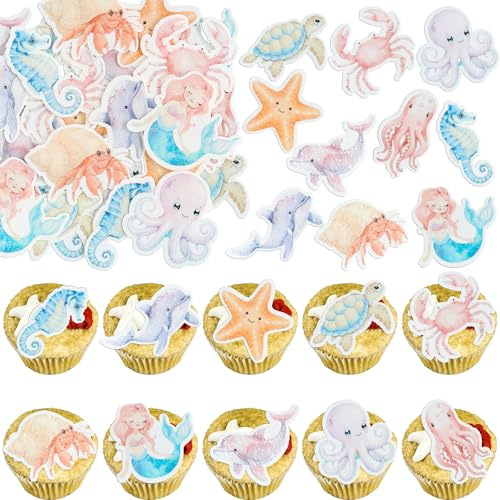 Gyufise 60Pcs Edible Mermaid Cupcake Toppers Octopus Seahorse Turtles Cupcake Picks Edible Under the Sea Party Decorations for Ocean Animal Theme Baby Shower Birthday Party Cake Decoration Supplies