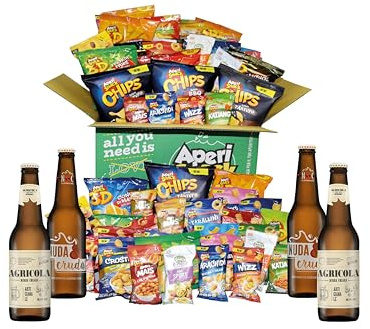 Aperisnack® - AP18.001.44 - Aperibox da 60 Pezzi con 4 Birre da 33 cl - Scatola Regalo con Snack Salati, Patatine e Frutta Secca per Aperitivo Fai da Te, Feste o Gadget Compleanno