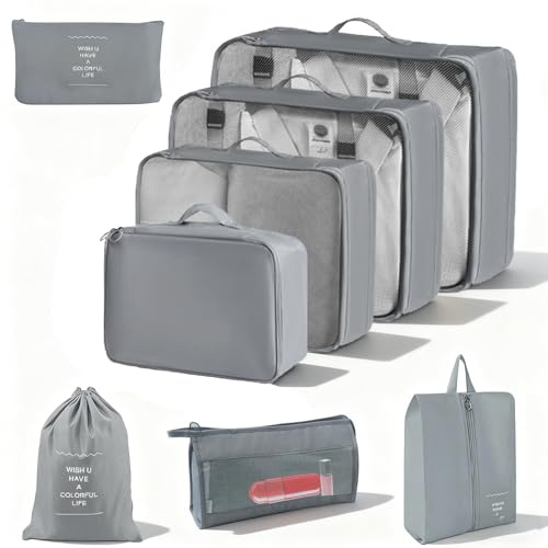 AWBEOT 8 Pezzi Organizer Valigia, Viaggio Organizzatore, Organizzatore per Valigia per Vacanze e Viaggi, Borse per scarpe,Intimo, vestiti,Cosmetici (grigio)
