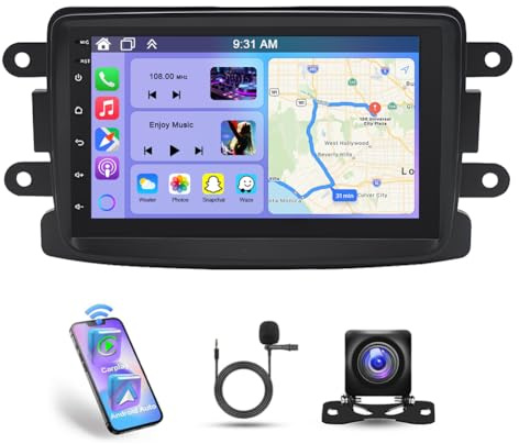 4G+64G Android Car Stereo for Renault Dacia Duster Sandero Logan Dokker w/Wireless Carplay Android Auto, 9 Touchscreen 2 Din Car Radio Receiver Head Unit Bluetooth GPS FM BT SWC Backup Camera Mic