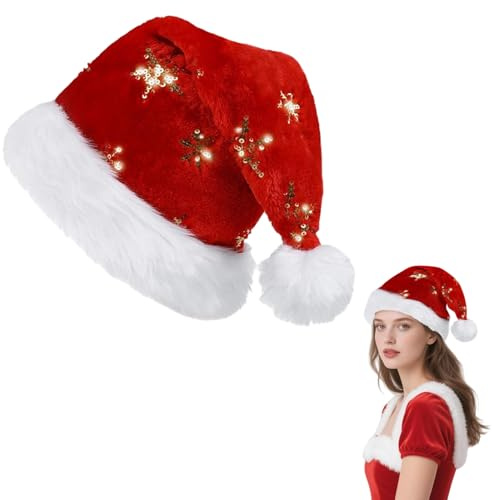 Richaa Velours Weihnachtsmütze Erwachsene mit Pailletten Schneeflocke, Weihnachtskopfschmuck Nikolausmütze Plüschkrempe