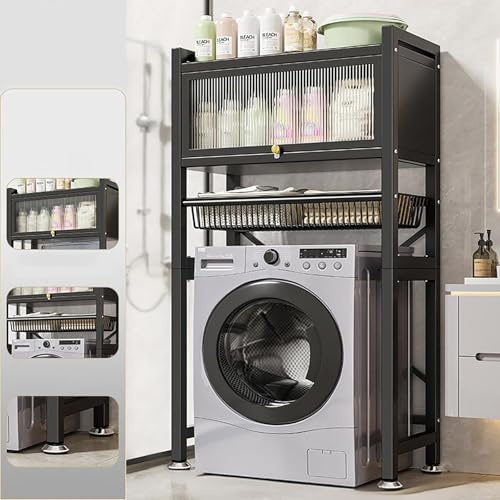 OAKVYNE Étagère Machine À Laver À Tambour, Rangement Machine A Laver, Étagère sur Pied pour Buanderie avec Portes Et Panier Coulissant, Durable, Meuble Au Dessus Machine A Laver.(Black)