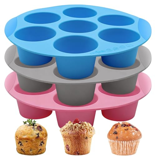 YuleNova 3Pcs Silicone Cupcake Tray, 7 Cup Deep Silicone Muffin Tray, Silicone Egg Bite Molds, Non-Stick Silicone Muffin Pans for Air Fryer, Oven Baking