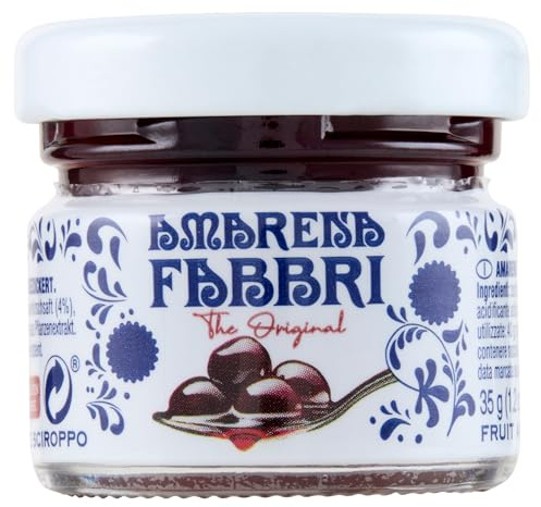 FABBRI 1905 - Ciliegie amarena allo sciroppo | Ciliegie disossate dall'Italia in sciroppo | Topping ideale per ghiaccio, yogurt, dessert e cocktail. Contenuto: 35 g