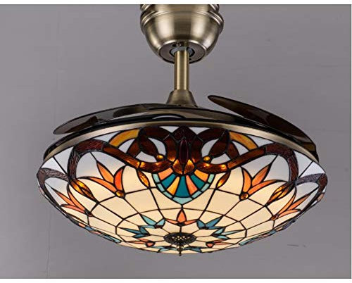 Tiffany Style Vintage Vitrail De Ventilateur Invisible Au Plafond, Barre De 42 Pouces Couloir Balcon Balcon Salon Ventilateur De Feuille De Bois Méditerranéen Plafonnier (Télécommande De Gradation)