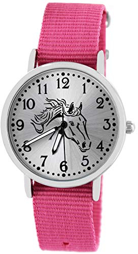 Pacific Time Kinderuhr Pferd Mädchen Jungen Armbanduhr analog 5 ATM | Schwarzer Pferdekopf, Sunray-Zifferblatt, fluoreszierende Zeiger, 5 ATM wasserdicht, Mineralglas, Nylonarmband 16 mm