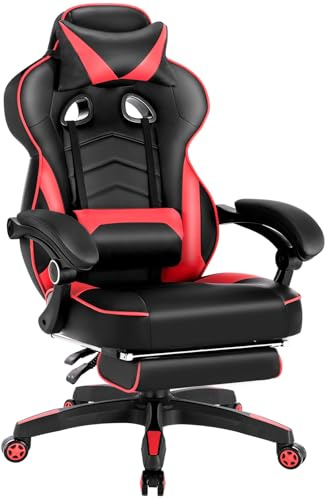 WOLTU Gaming Stuhl Ergonomischer, 150 kg Belastbarkeit, Verstellbarer Rückenlehne, Ergonomische Lendenstütze, Fußstütze, Büro- & Game-Sessel, Schwarz+Rot