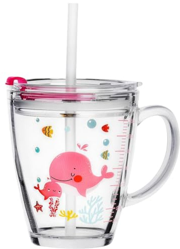 Tazza in vetro con misurazione per bambini età 4-6, Microonde a prova di perdite, 300 ml, trasparente Bottiglie, Scala Tazze di misura, bicchiere da latte con maniglia di paglia per succo di latte