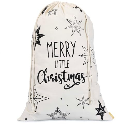 Papierdrachen Geschenkverpackung Weihnachten 2026 - Stoffbeutel beige - groß - Schriftzug - Kordelzug - wiederverwendbar - zum Befüllen - 50x70cm