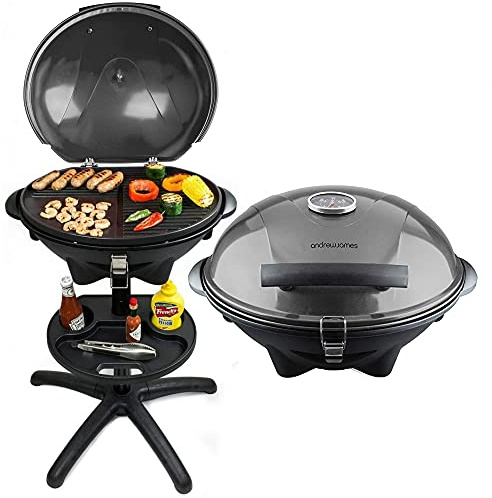 Andrew James BBQ Electric Barbecue Grill with 5 Temperature Settings Grey | Thermostat | Indoor & Outdoor Party | Removable Drip Tray & Condiment Stand | Healthy Grilling | Non-Stick Cooking Surface