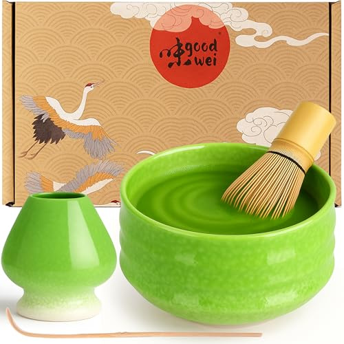 Goodwei Matcha Kit | Bol Matcha Artisanal Chawan, Cuillère e Fouet à Matcha avec Support de Fouet en Céramique au design assorti | Service à Thé Japonais (Midori, 80)