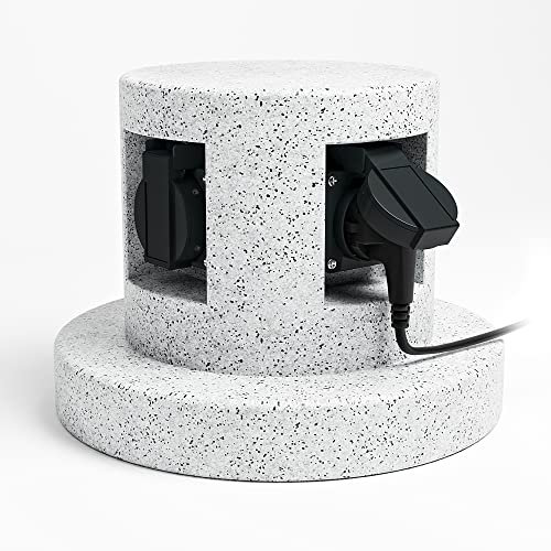 SSC-LUXon BAWI - Presa da giardino effetto pietra con 4 prese, multipresa per esterni, 4 prese, IP44, presa esterna da giardino, pietra