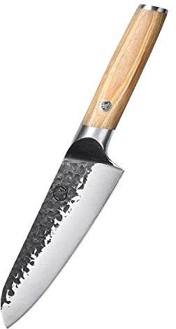 MITSUMOTO SAKARI Coltelli da Cucina 17 cm, Coltello Santoku in Acciaio al Carbonio, Coltello Giapponese Professionale Forgiato a Mano (Manico in Legno di Pakka)