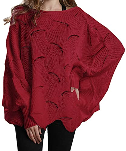 QUNERY Jersey Punto Mujer, Sweater Manga Larga Jumper Dama Suelto Suéter Irregular Sudadera Casual Tallas Grandes Suéter Suelta Otoño Invierno Rojo S