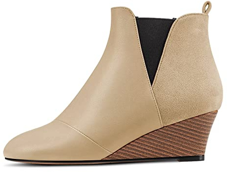 HDEUOLM Mujer Medio cuña esparto Heel Redonda Punta Botines Slip-on de Boda Cute 5 CM Heels Zapatos Oro 39 EU