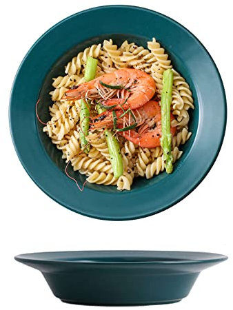Plato Sopero De Cerámica Grande con Borde, Juego De 2 Cuencos para Pasta, Plato para Servir Ensalada, Apto para Microondas Y Horno.-verde-20x20x4cm, 500ml