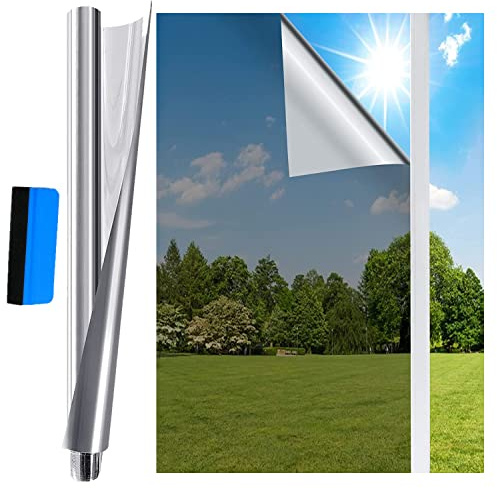 Fyuein® Spiegelfolie Selbsthaftend Sonnenschutzfolie Fenster Innen/außen Sichtschutz UV-Schutz Fensterfolie Reflektierende Rückstandslose für Büro und Haus (Silber (Statisch Haftend), 40 x 400 cm)