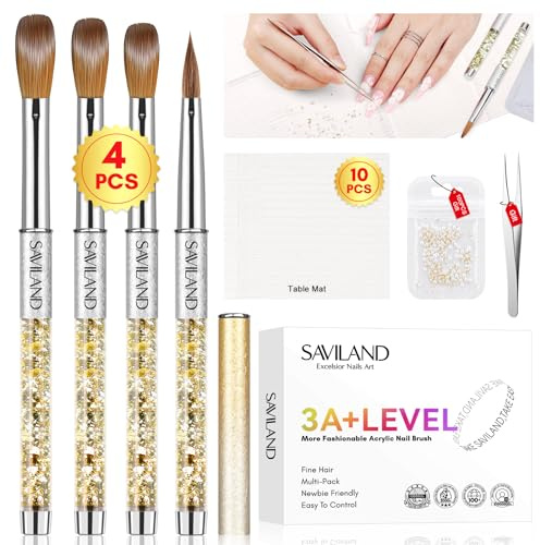 Saviland 4 Stück Acryl Pinsel für Nägel: profi Kolinsky Nagel Pinsel für Acrylpulver Nägel, Acryl Liquid Pinsel für Gelnägel, Nailart Pinsel für Acryl Puder, mit Nagel Strasssteine Pinzette Tischmatte