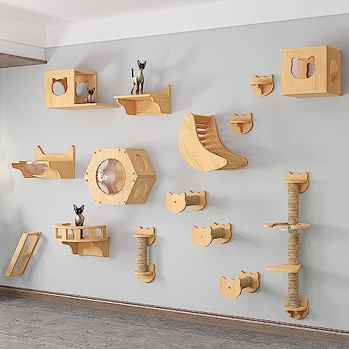 Wandmontiertes Katzen Kletterwand aus Massivem Holz, Katzenwandparkour, Katze Wandelement, Wandsprungplattform, Sprungbrett, Kletterleiter, Sisal-Katzenkratzbaummöbel (Size : Style9)