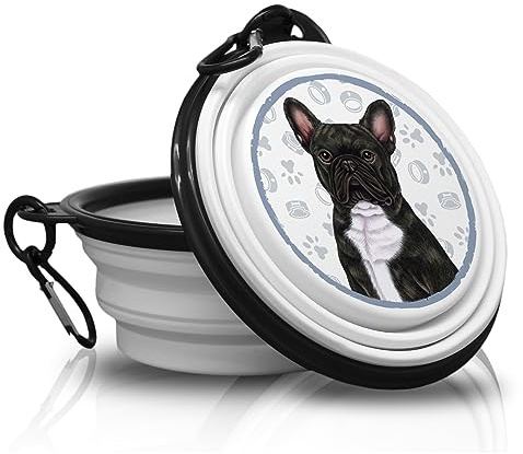 Ciotola per cibo e acqua. Ciotola pieghevole e portatile con moschettone, ideale per viaggi ed escursioni. Una ciotola da viaggio pratica e unica per cani. (Bulldog Francese Nero)