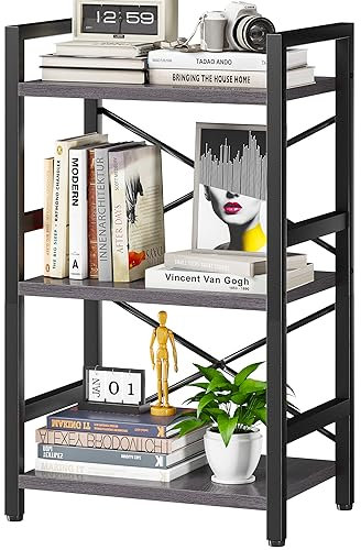 Homeiju Bookshelf, 3 Tier Industrial Bookcase, Metal Small Bookcase, Rustic Etagere Book Shelf Storage Organizer for Living Room, Bedroom, and Home Office(Grey) Patent Pending D29873033
