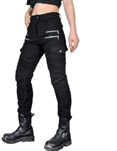 CBBI-WCCB Mujer Moto Jeans Motocicleta Pantalones con Almohadilla Protectora (FR/ES, Medida de la Cintura & Longitud de la Pernera, 26, 31, Negro)