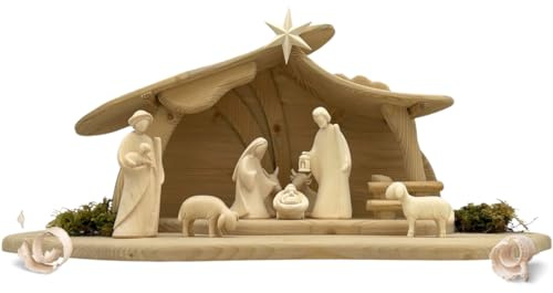 Akantus Leonardo Weihnachtskrippe aus Holz: 8er Set mit Stall HL.Nacht groß Natur (10 cm)