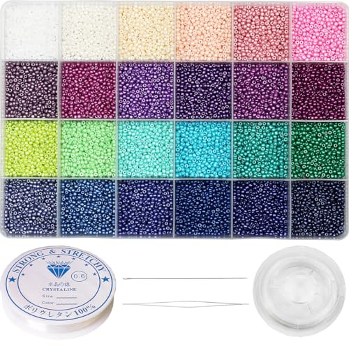 VOOMOLOVE 12/0 Glass Seed Beads Kit - 15800pcs, 24 Colors, 2mm, Bracelet Making Beads with 24-Grid Plastic Storage Box