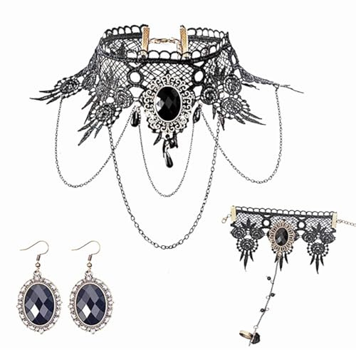 Cubahop Halloween Nero Pizzo Choker Collane Braccialetto Orecchini Set Gothic Gemstone Collare Gioielli per le Donne e le Ragazze