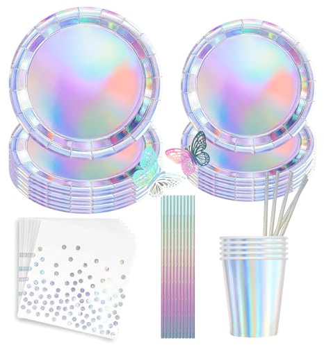 Iridescent Party Supplies Decorations Serve 20,Disposable Holographic Plates Cups and Napkins Set for Disco Mermaid Birthday Theme Wedding Party