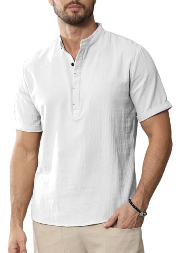 YAOHUOLE Manica Corta Camicia Uomo Camicia Estiva con Colletto Alto Camicia Lino Uomo Bianco 2XL