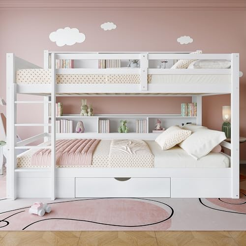 Zravenna Hoch-Etagenbett 90x200cm mit Schubladen und Staufächern, Ablagefach Etagenbett mit Leiter, Hohes Geländer Schutz, für 2 Kinder (Weiß)