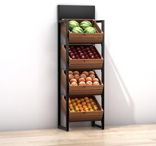 Commercial Supermarket Fruit & Vegetable Shelf 3 4 Tier, Large Capacity Retail Snack Rack Display with Wood Baskets, Kitchen Onion Potato Produce Holder Stand ( Color : 4 Tier , Size : Black rack+brow
