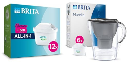 BRITA Cartouche Filtre Eau Robinet MAXTRA PRO All-in-1 - Pack de 12 pour recharge carafe filtrante & Carafe Filtrante Marella Graphite (2,4l) incl 6 cartouches filtre eau robinet MAXTRA PRO