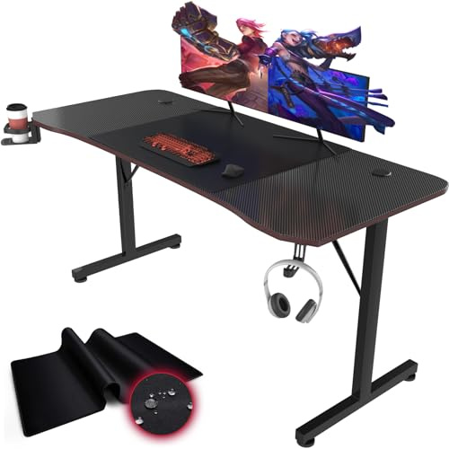 Devoko Gaming Tisch 160x60cm,Kopfhörerhalter und Getränkehalter,Schwarz | T-förmiger Gaming Schreibtisch mit Kohlefaser‑Oberfläche, Gamer Schreibtisch,Ergonomischer PC Computertisch
