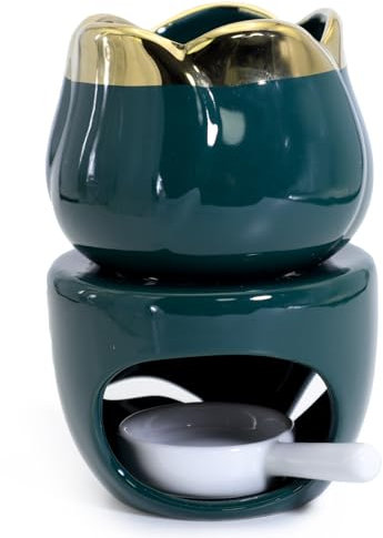 BEYLAB Duftlampe Keramik Teelicht für ätherische Öle, Wachsschmelzbrenner mit Kerzenlöffel, Design Aroma-Teelichthalter, Stövchenfür, Duftöl und Duftwachs - dunkelgrün